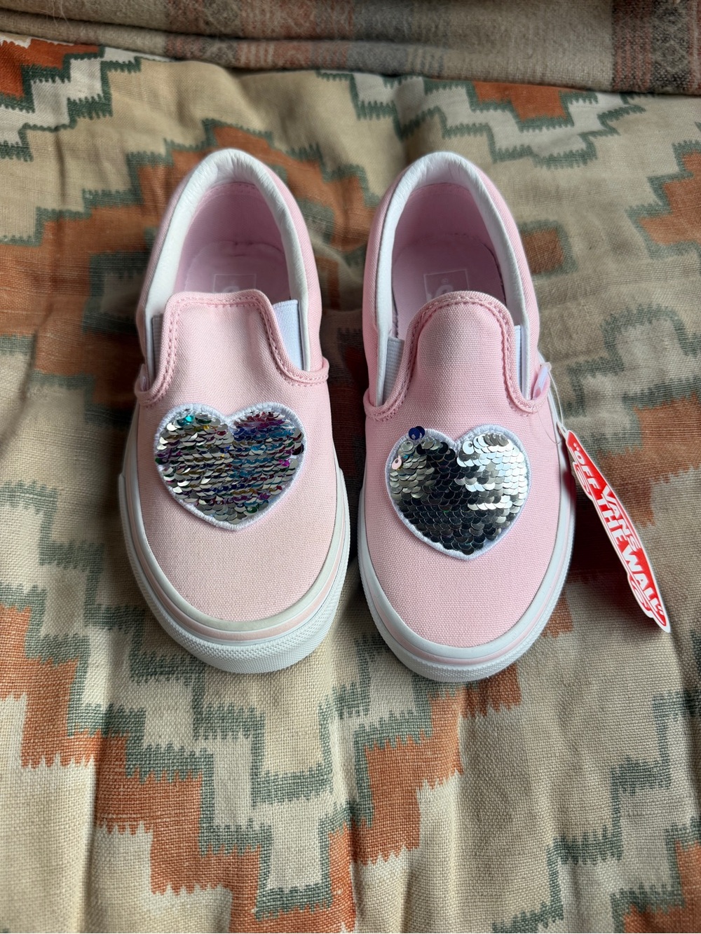 NEW vans pink slip on sneakers with sequin hearts